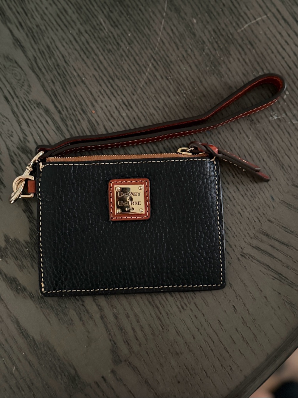 Dooney & Bourke Black Leather Wristlet with Brown Trim